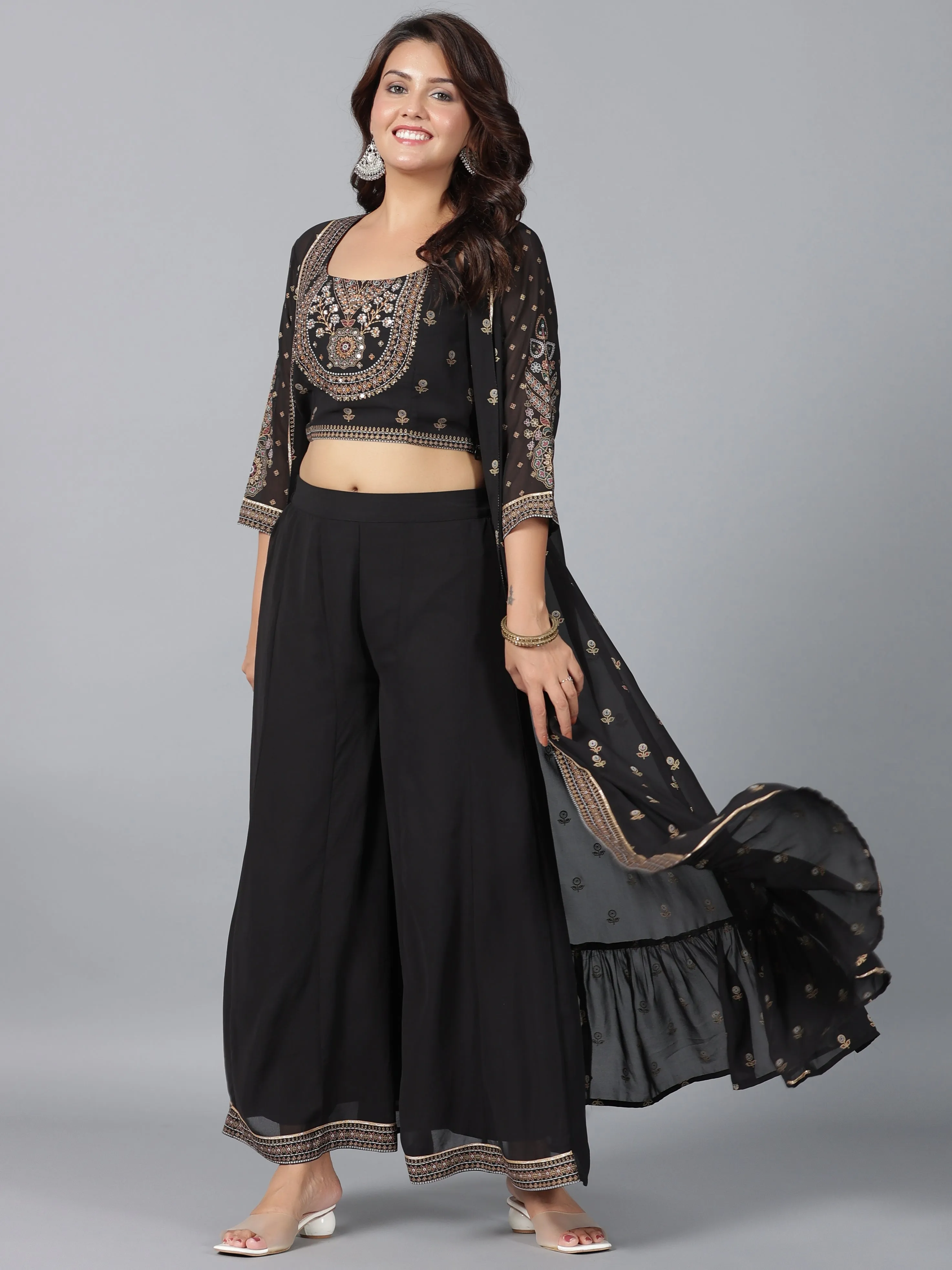 Women Black Georgette Printed Clothing Set