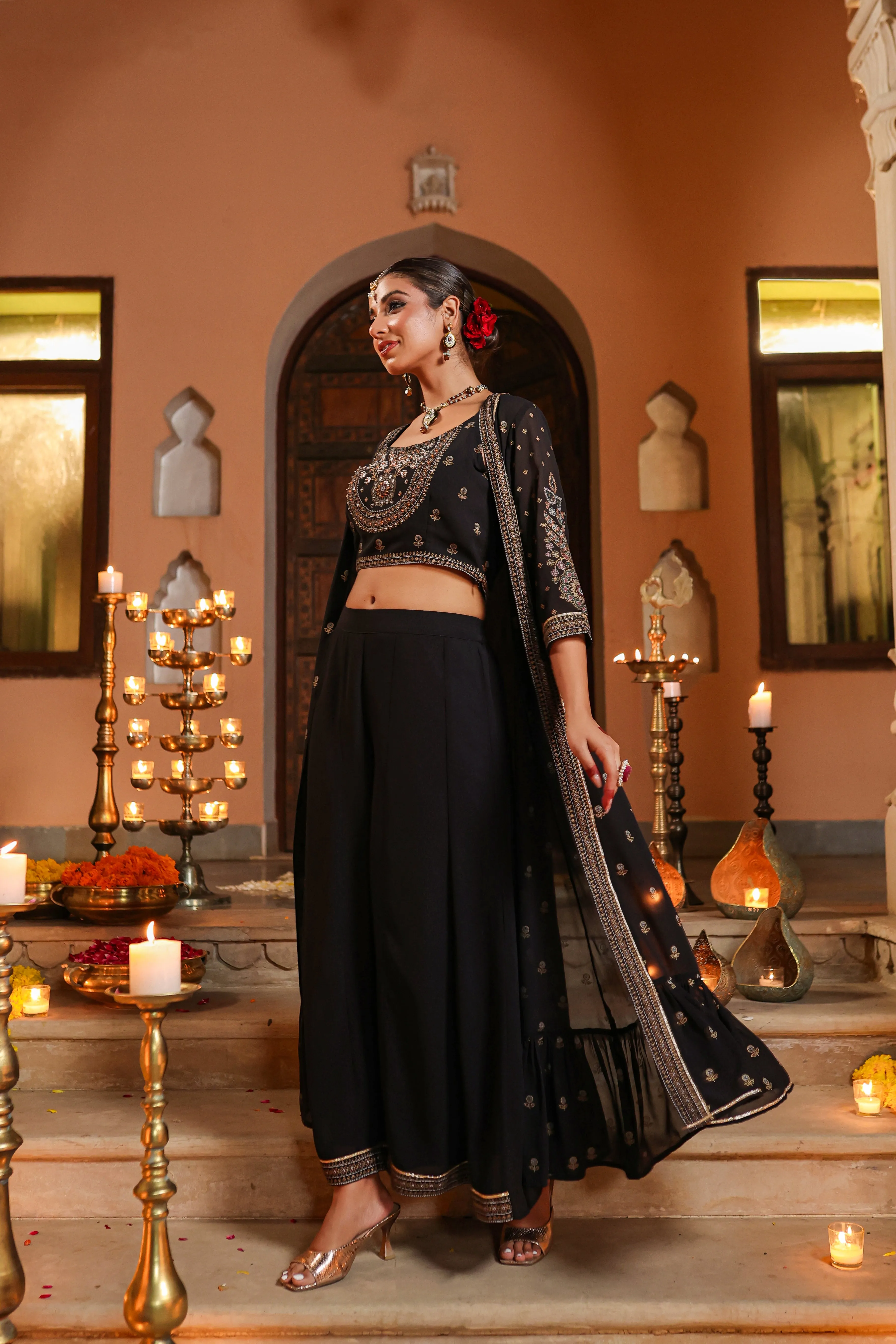 Women Black Georgette Printed Clothing Set