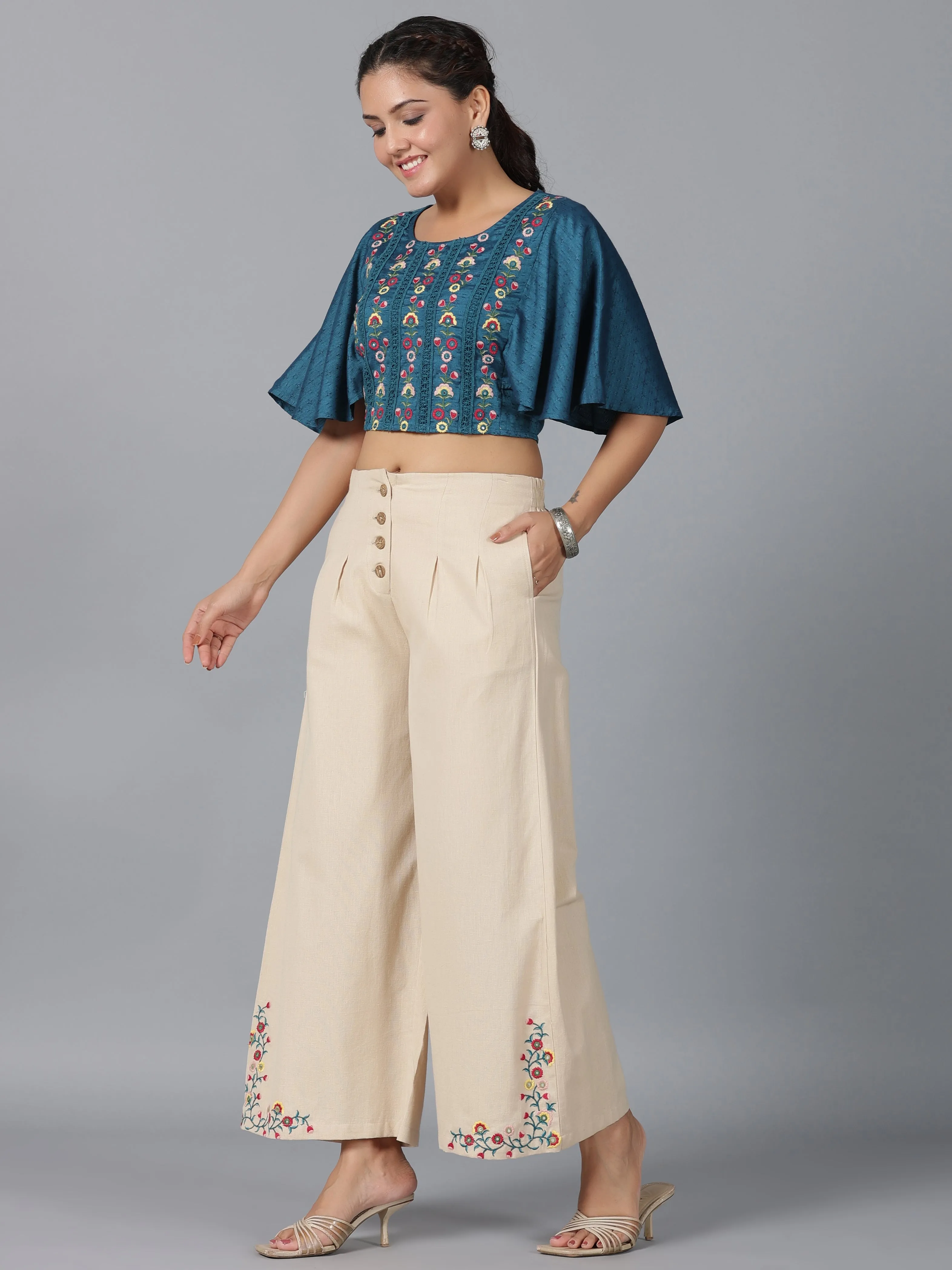 Women Blue Rayon Embroidered Clothing Set