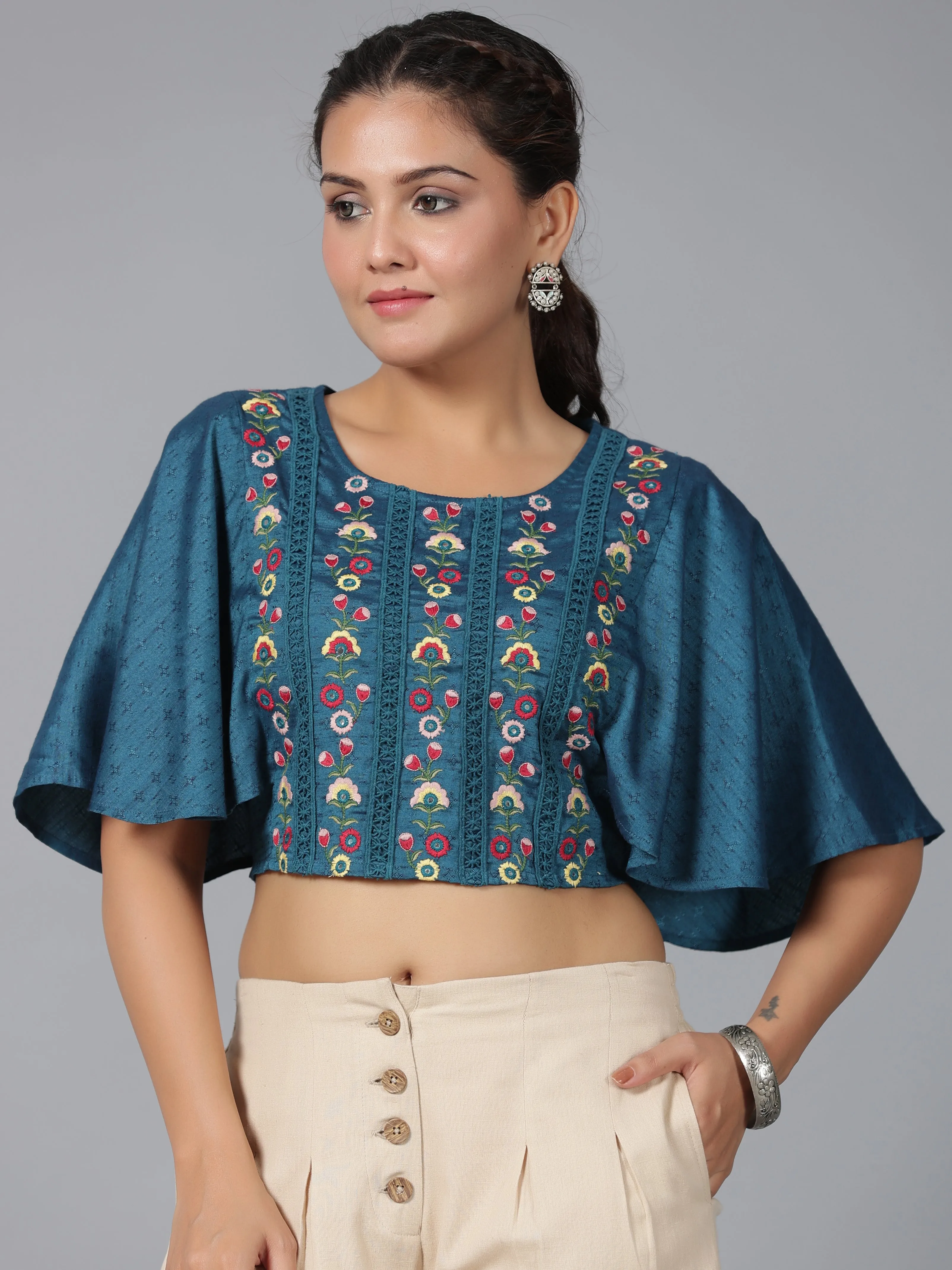 Women Blue Rayon Embroidered Clothing Set