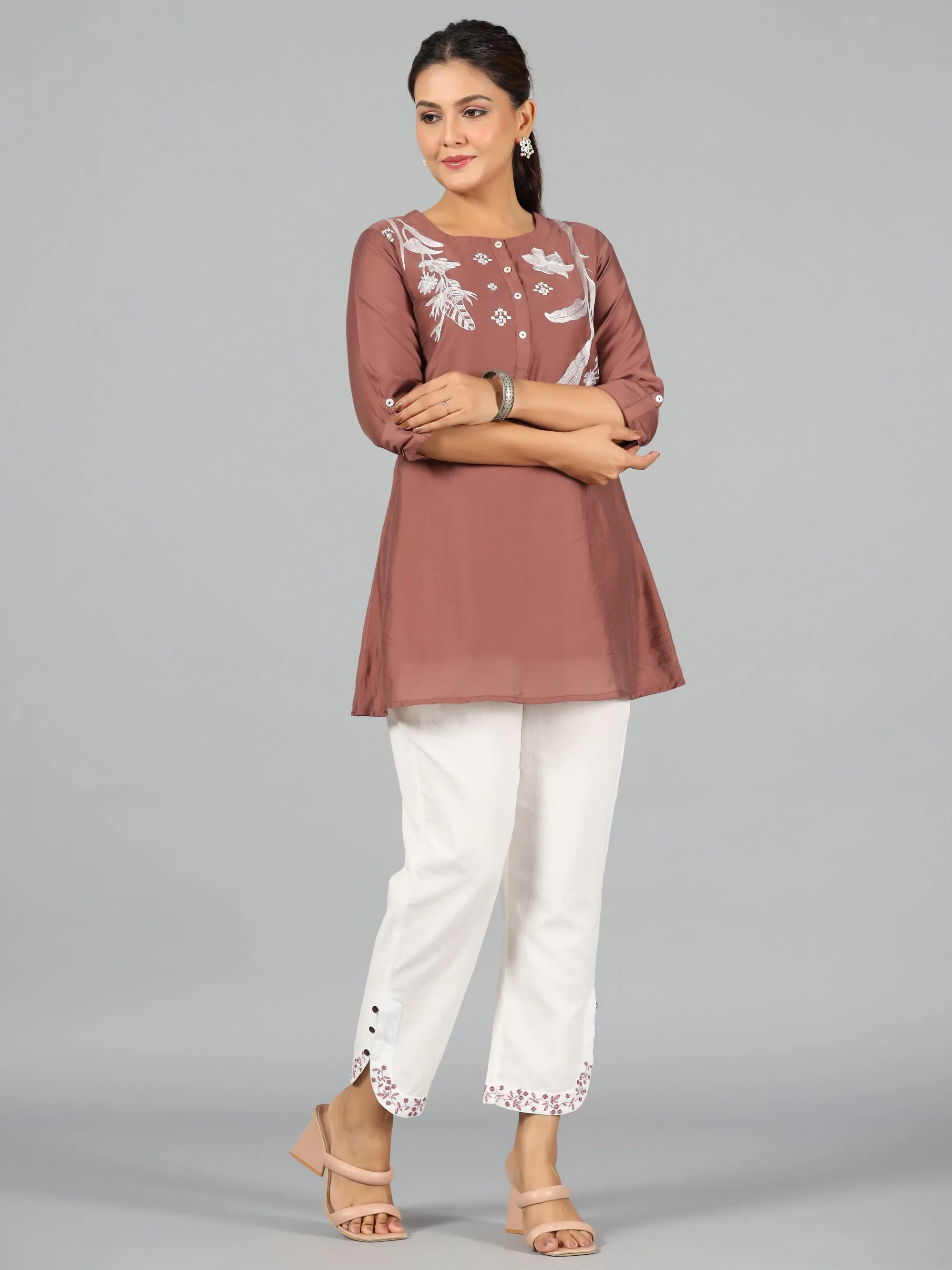 Women Brown Chanderi Embroidered Clothing Set