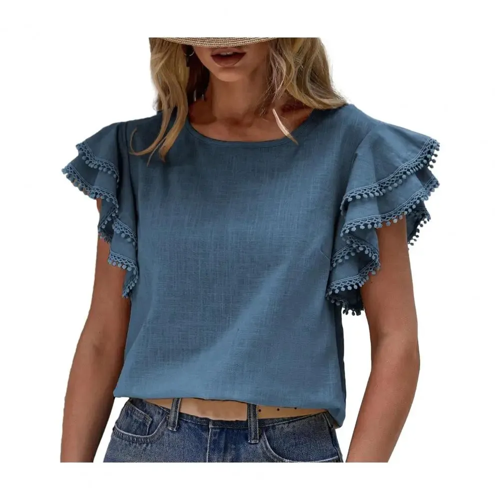 Women Shirt O-neck Ruffle Short Sleeve Pullover Solid Color Blouse