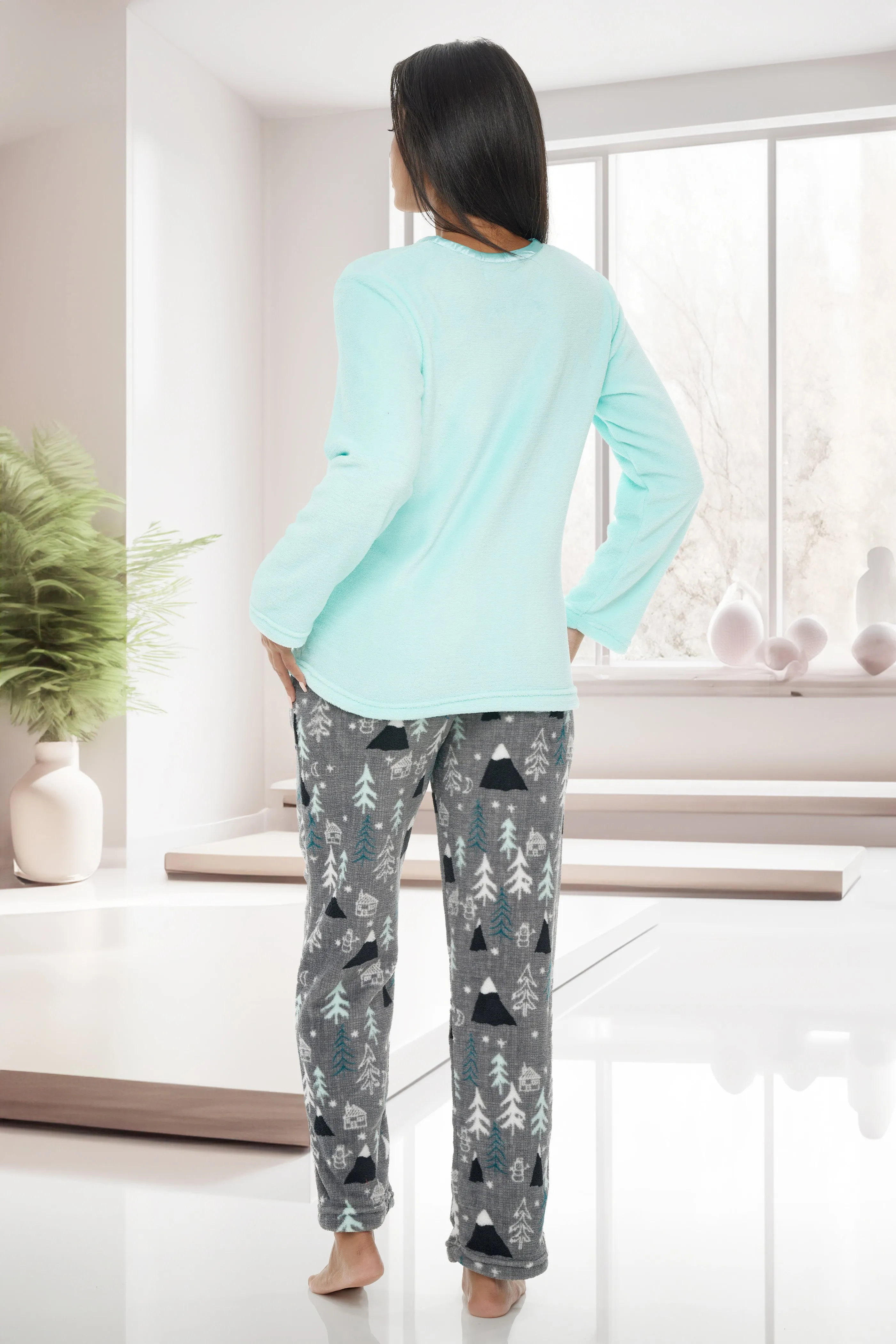 Women's Plush Fleece Pajamas Set, V Neck Winter PJ Set