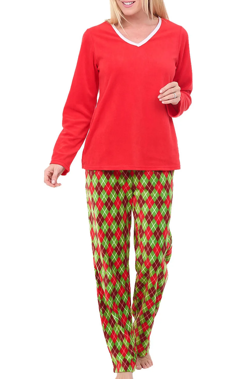 Women's Plush Fleece Pajamas Set, V Neck Winter PJ Set