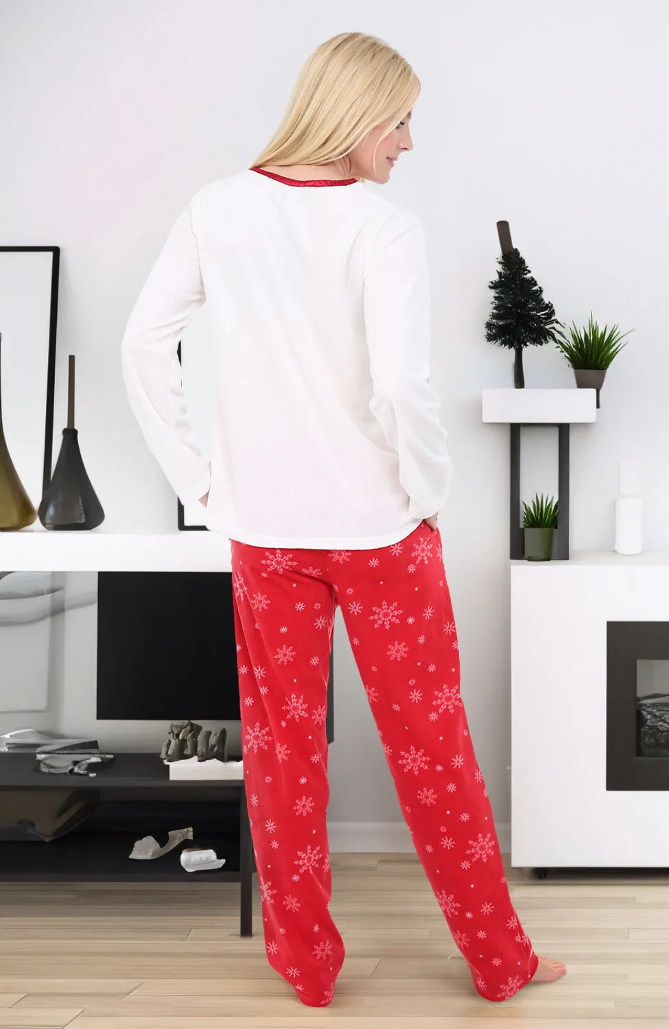 Women's Plush Fleece Pajamas Set, V Neck Winter PJ Set