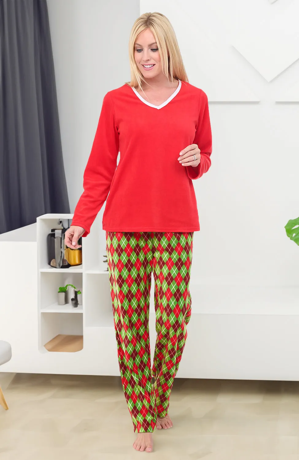 Women's Plush Fleece Pajamas Set, V Neck Winter PJ Set