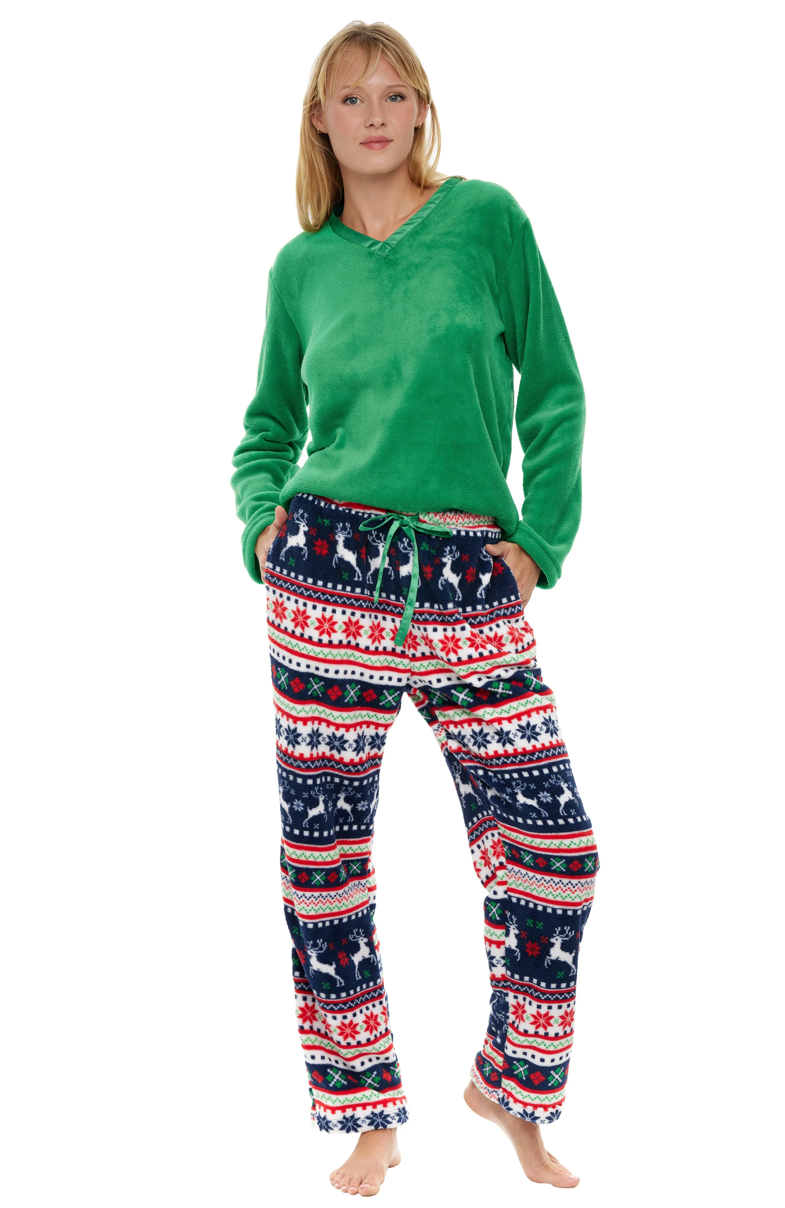 Women's Plush Fleece Pajamas Set, V Neck Winter PJ Set