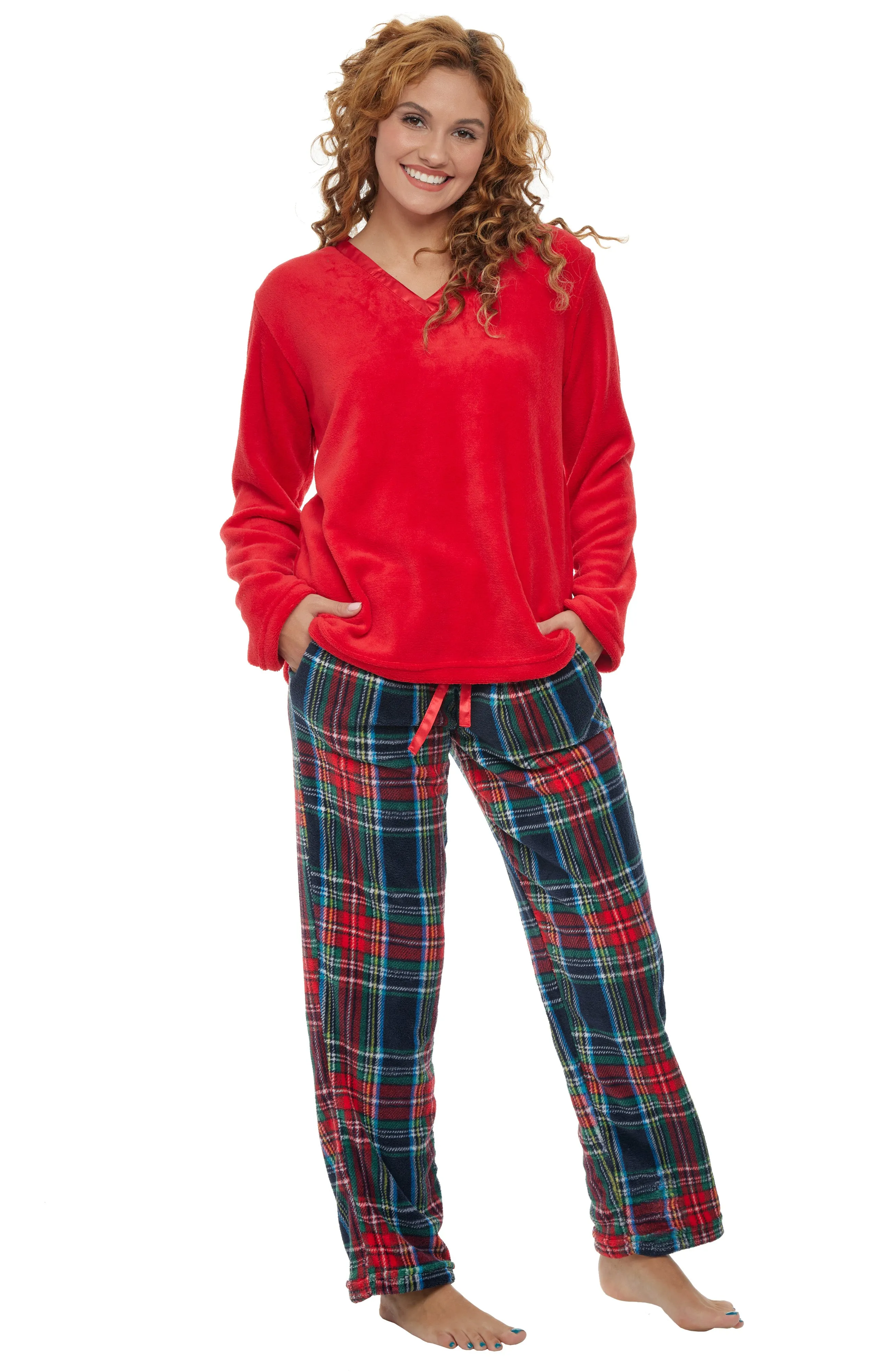 Women's Plush Fleece Pajamas Set, V Neck Winter PJ Set