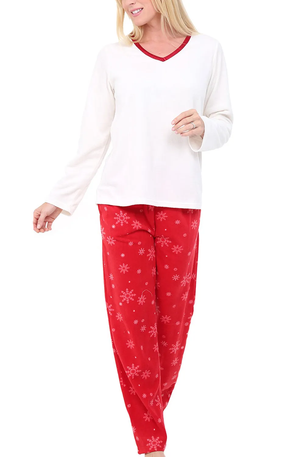 Women's Plush Fleece Pajamas Set, V Neck Winter PJ Set