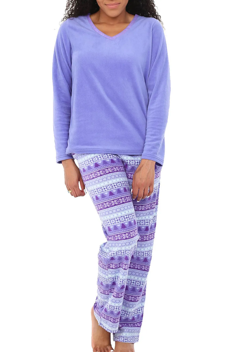 Women's Plush Fleece Pajamas Set, V Neck Winter PJ Set