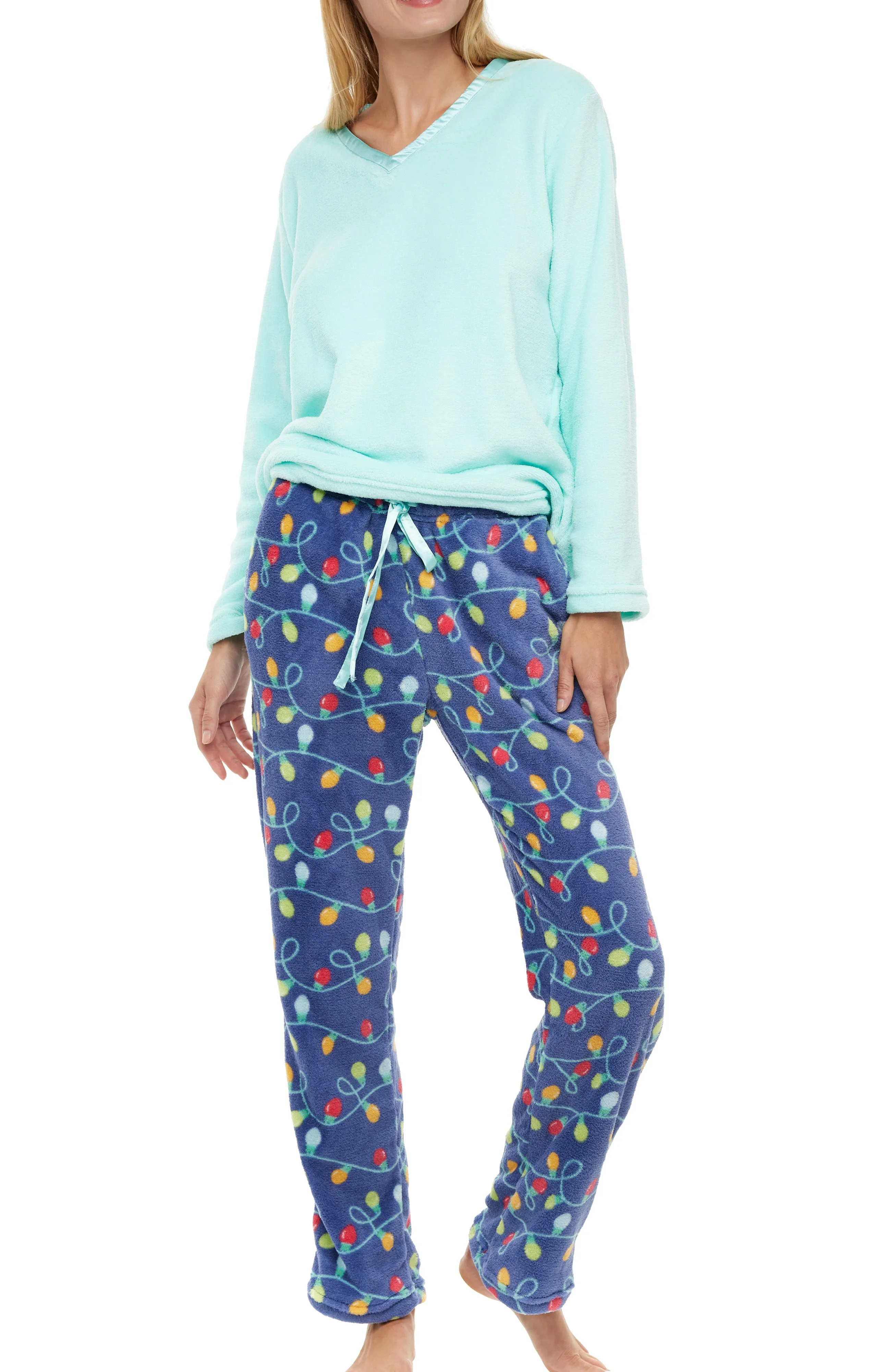 Women's Plush Fleece Pajamas Set, V Neck Winter PJ Set