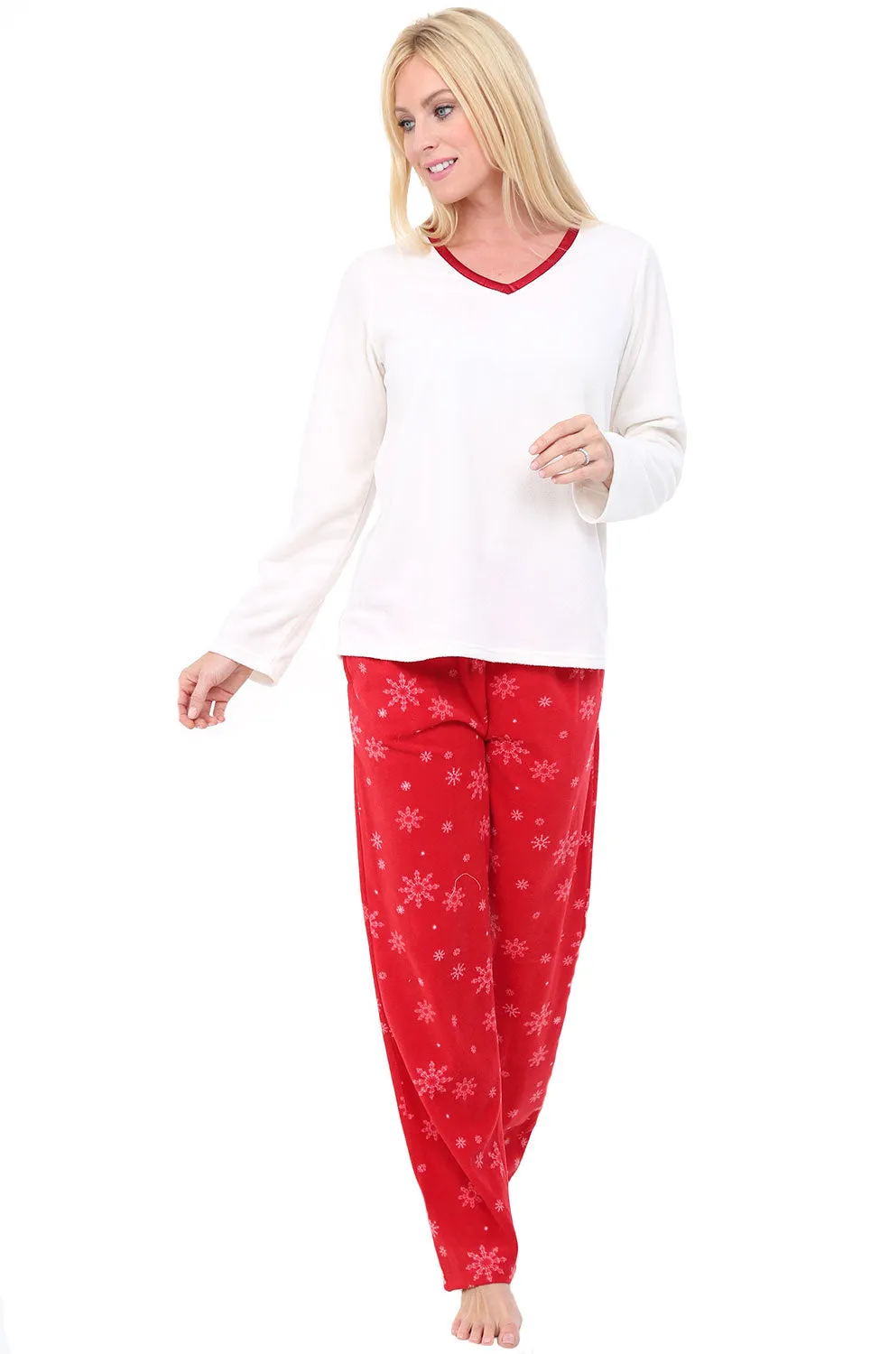 Women's Plush Fleece Pajamas Set, V Neck Winter PJ Set