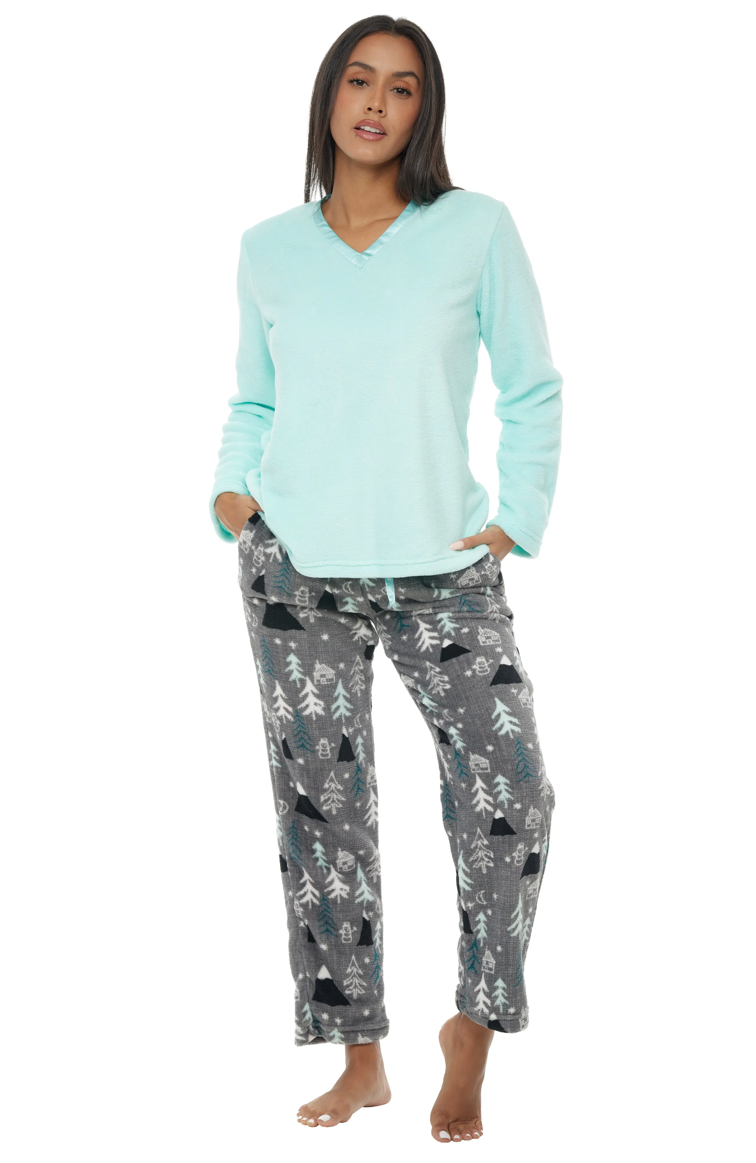 Women's Plush Fleece Pajamas Set, V Neck Winter PJ Set