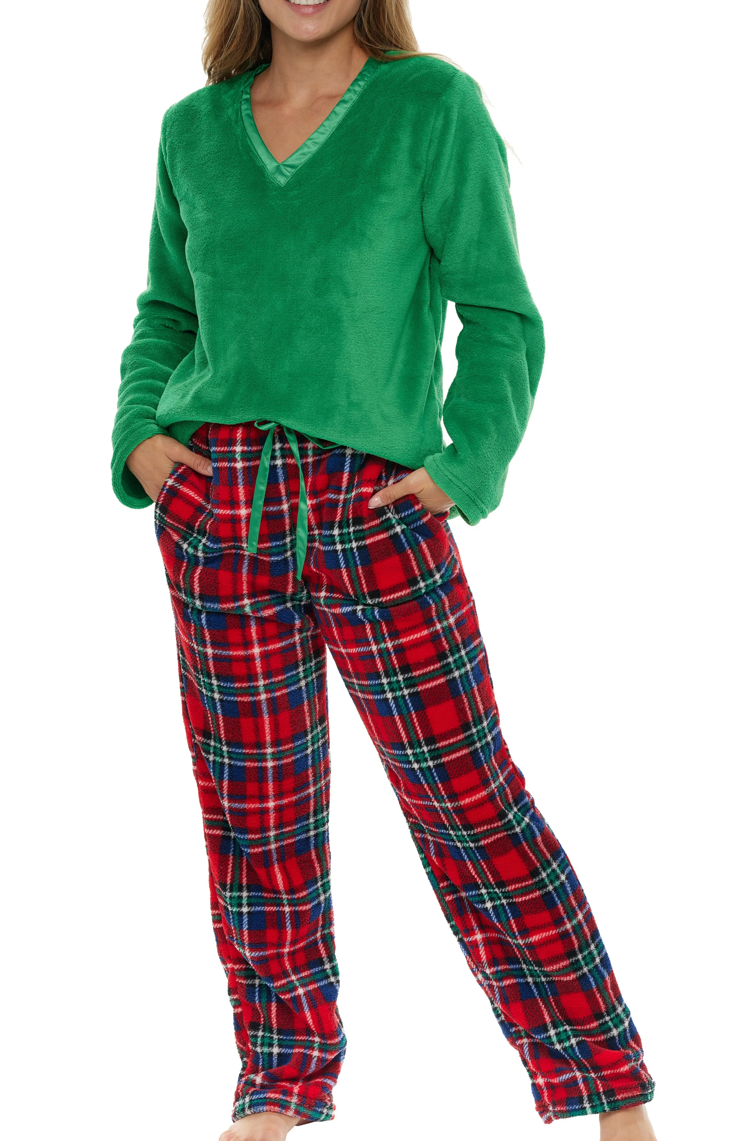 Women's Plush Fleece Pajamas Set, V Neck Winter PJ Set