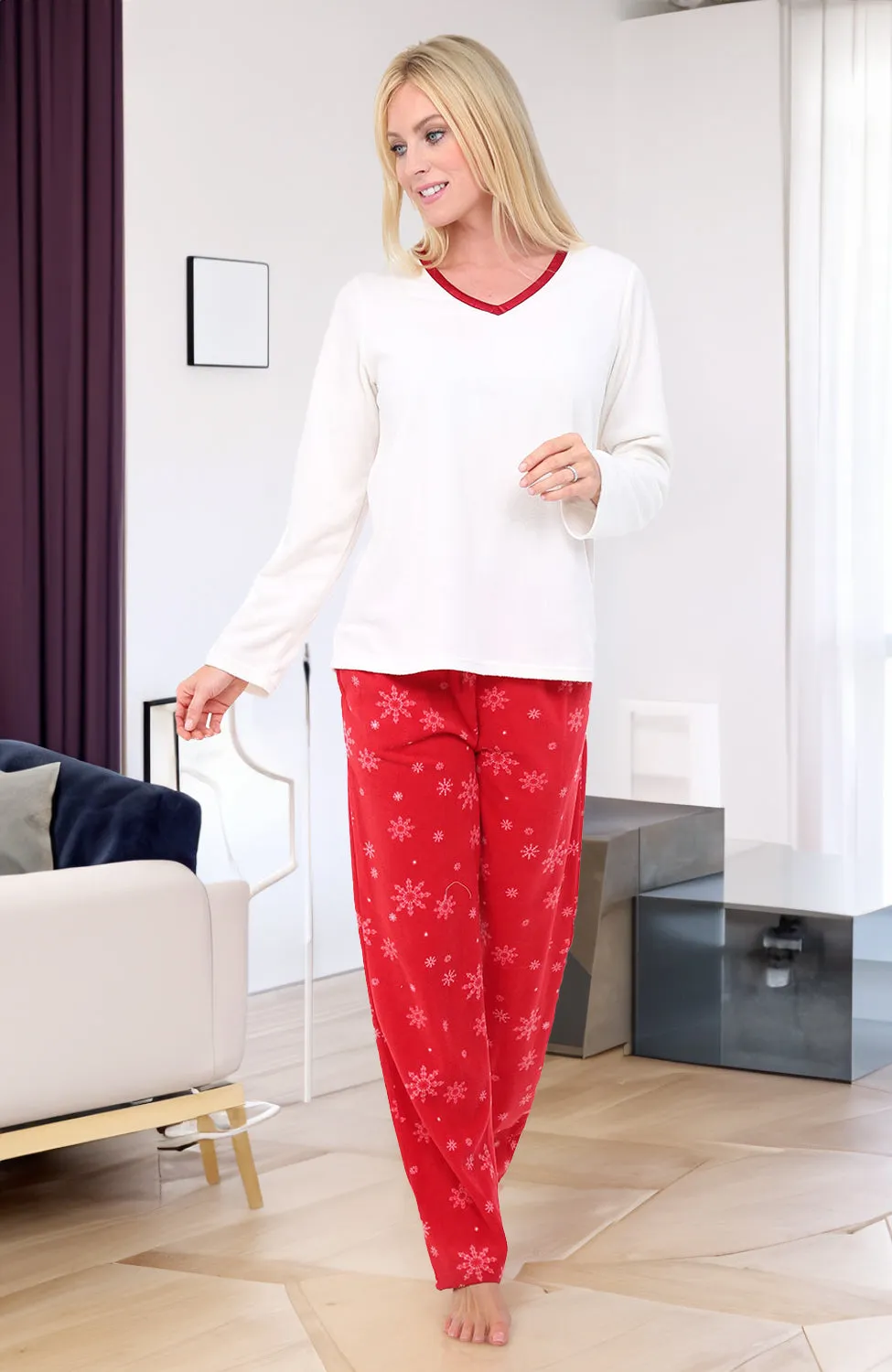 Women's Plush Fleece Pajamas Set, V Neck Winter PJ Set