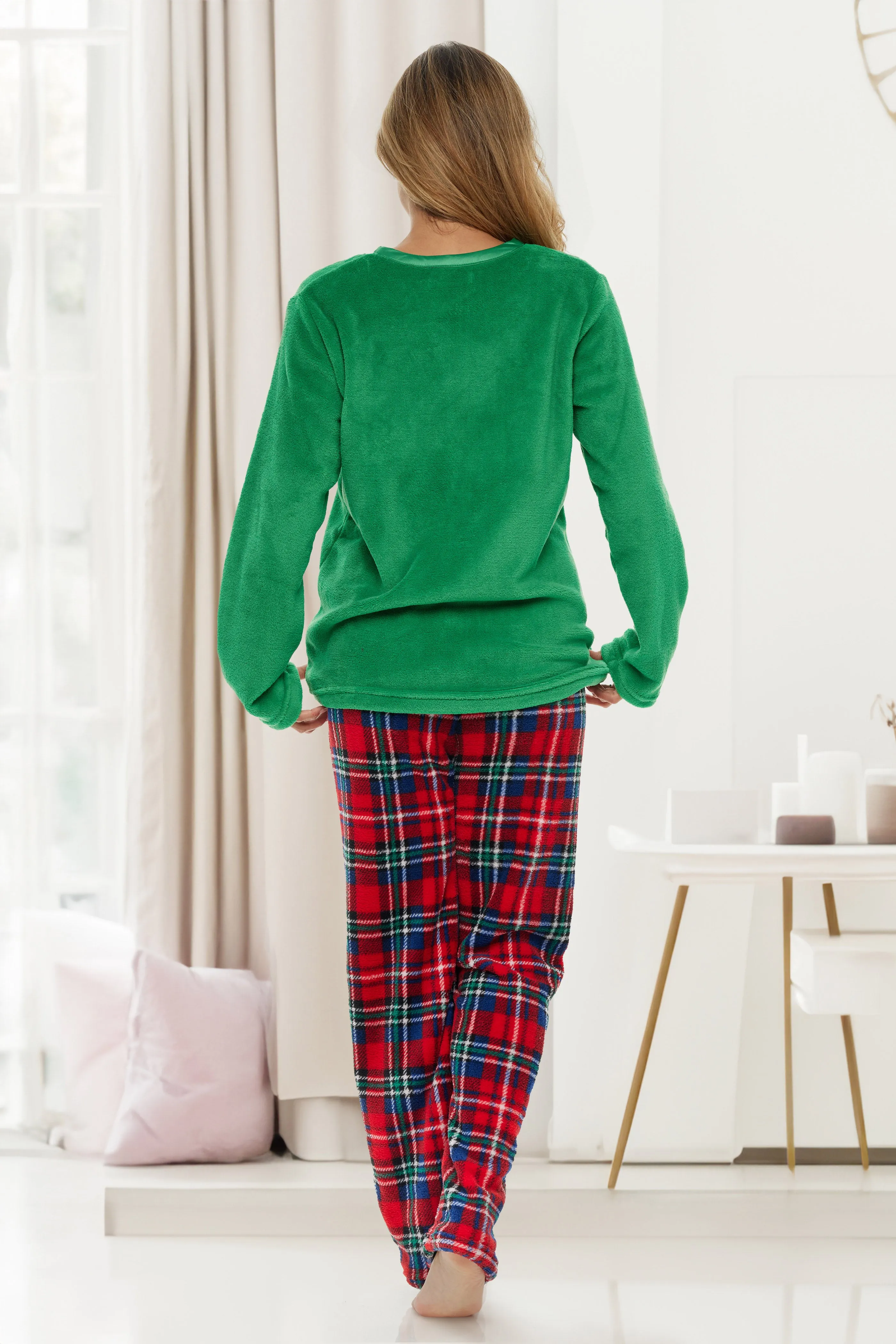 Women's Plush Fleece Pajamas Set, V Neck Winter PJ Set